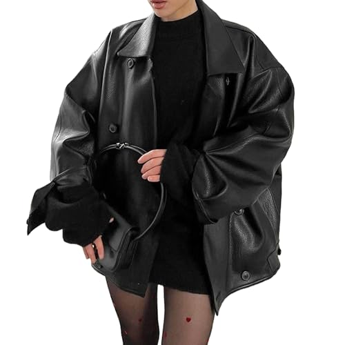 Molilove Womens Faux Leather Jacket Button Down Oversized Motorcycle Bomber Jacket Fall Fashion Winter Coat Outerwear