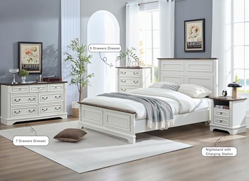 BLANKSPACE Antique White Dresser for Bedroom, Farmhouse 7 Chest of Drawers Cabinet Organizer with Carved Design