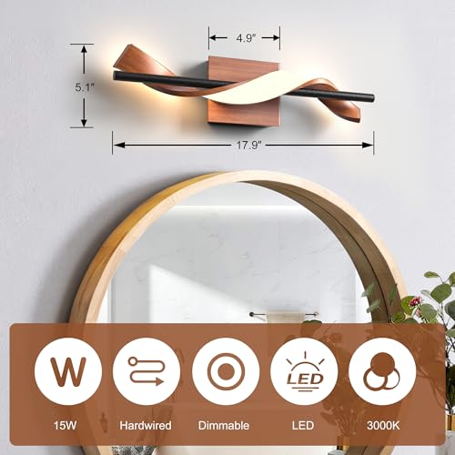 Image of Farmhouse LED Wall Sconce, 3000K Dimmable LED Bathroom Light Fixture, 17.9 inch Vanity Light Over Mirror, Wood Indoor Wall Lamp for Bedroom, Living Room