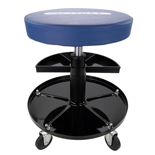 HASKYY Taburete de taller, silla de trabajo, con 5 ruedas, 2 estantes, 410-540 mm, altura regulable, color azul