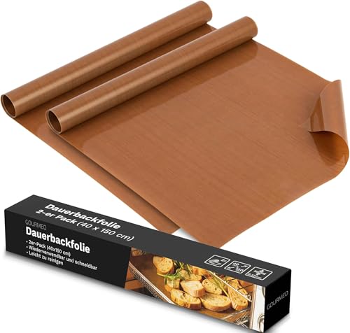 GOURMEO Dauerbackfolie für Backofen & Grill - 2x Rollen à 40 x 150 cm - Die Teflon Backfolie ist Silikonfrei, Wiederverwendbar bis über 250 Grad - Eignet sich als Dauer Backpapier