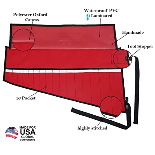 16 Pocket Wrench Roll Up Pouch, Tool Organizer Bag, Must For Stanley Craftsman, Easy Grip, Handcrafted, Portable Storage, Pvc Laminated Waterproof Ballistic Polyester Oxford Canvas - Red, 16P01 #TOP1