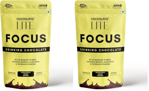 Image of Cocosutra FOCUS - Sugar Free Ashwagandha Drinking Chocolate Mix | Enhances Mental Alertness & Reduces Stress | Keto Friendly | Enjoy hot or cold | 200 g (Pack of 2)