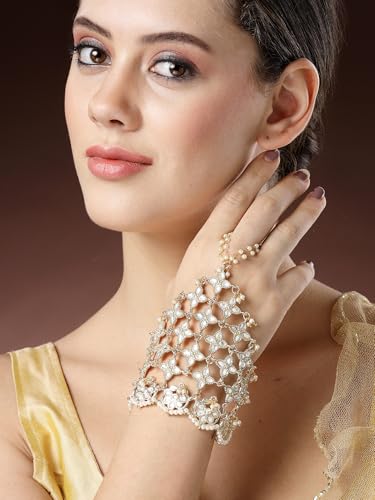 Image of Karatcart Gold Plated Baby Pink Pearl Chain Kundan Hathphool