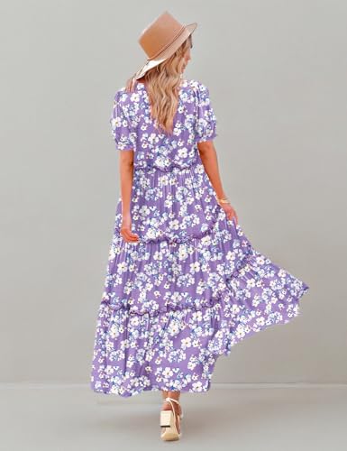 Image of YESNO Summer Casual Bohemian Floral Dresses for Women Puff Short Sleeve Long Maxi Dress with Pockets ETX