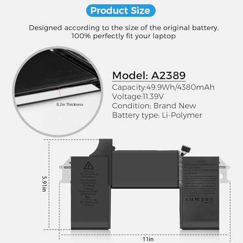 Image of A2337 Battery,A2389 Battery Replacement for MacBook Air 13 Inch A2337 M1 2020 EMC 3598 (Upgraded High Performance 11.39V 49.9Wh 4380mAh)