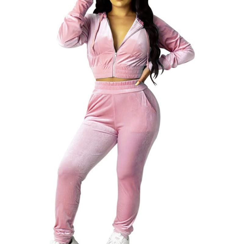 Set di tute da donna in velluto con zip e felpa corta con cappuccio e pantaloni della tuta da donna, 2 pezzi