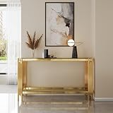 2-Tier Tempered Glass Console Table with Storage Shelf for Apartment Living Room, Modern Rectangle Golden Mirror Finished Stainless Steel Console Table
