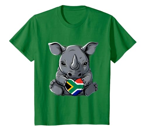 South Africa Flag Cute Rhino Heart South African Pride T-Shirt, Youth, Kelly Green, X-Small