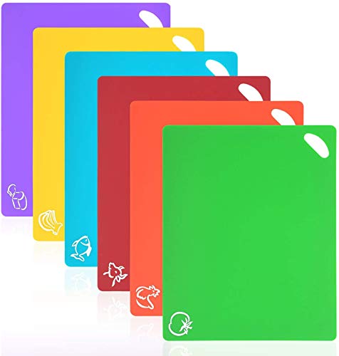 Vicloon Tablas de Cortar de Pl�stico, Juego de 6 Tablas de Cocina de Flexible con Color Diferente, Iconos de Alimentos y Manijas, Alimento Tablas de Cortar Antideslizante para Lavavajillas