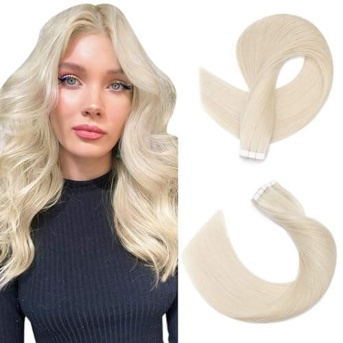 SEGOHAIR Extensiones Adhesivas Pelo Natural, 30.5 cm 10 pcs Remy Extensiones Adhesivas Pelo Natural Tape, Adhesivas Extensiones Pelo Remy Cabello Humano– Blanco blanqueado