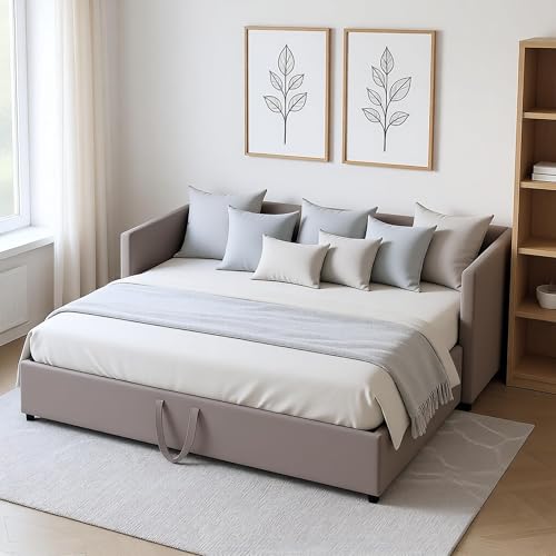 HFASD Schlafcouch Schlafsofa 90/180x200 cm, Einzelbett Tagesbett Ausziehbar, Ausziehbett Gleiche Höhe Mit Gästebett, 2 Sitzer Sofa Mit Schlaffunktion, Daybett Jugendbett, Samt, Ohne Matratze, Grau