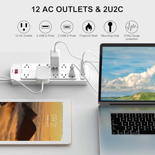 Image of 6 Ft Extension Cord Power Strip, Teiobar Surge Protector with 12 AC Outlets and 4 USB Ports for Home, Office, Dorm Essentials, 2700 Joules, ETL Listed, White