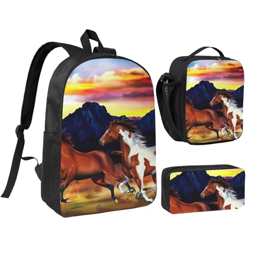 Sac à dos école 3 pièces motif chevaux cadeau de rentrée scolaire enfant