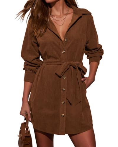 R.Vivimos Herbst Winter Damen Langarm Cordkleid V-Ausschnitt Knopf Hemd Minikleid Kleid Mit Taschen(M,Braun)