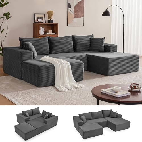 Image of Mangodan 110 inch Cloud Sectional Couch, Boneless Sofa for Living Room, Modular Sectional Sofa with Deep Seat, Comfy Fluffy U-Shaped Couch with Right-Facing Chaise, No Assembly Required, Grey