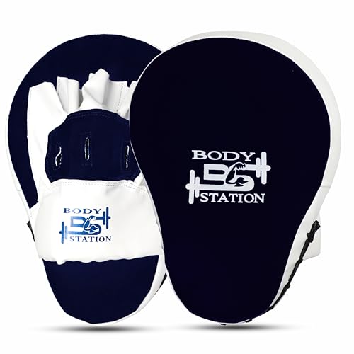 Image of Curved Focus Pad for Boxing, MMA, Karate, Taekwondo, Muay Thai, Kickboxing, Wushu, Aerobics Punch Mitts for Martial Arts Training, Bag Punching & Practice (Blue & White)