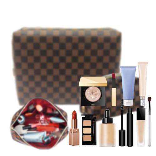 kancehinage Checkered Makeup Bag 2 Pcs Portable Leather Cosmetic Bag Travel Toiletry Bag for Women PERFECT for Christmas Birthdays Valentines Day