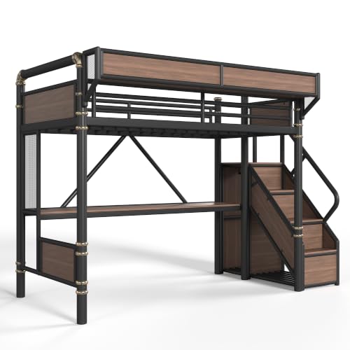 Image of Bellemave Twin loft Bed with Storage Stairs, Wardrobe, Shelves, Metal Twin Loft Bed Frame for Adults, Kids, Teens, Black+Natural Wood with Black Stairs