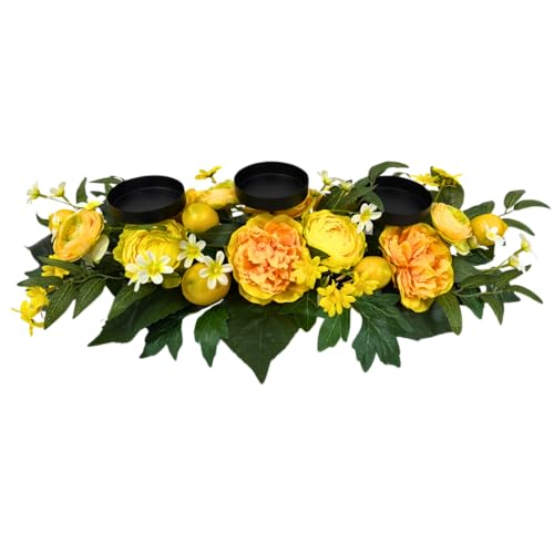 Lnymura 25 Inch Lemon Floral Centerpiece for Dining Table with 3 Candle Holders Spring Summer Table Centerpiece with Artificial Peony & Faux Lemon Flower Arrangement, Mantel Rustic Farmhouse Decor