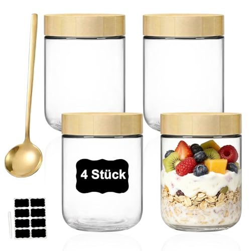 Foonary lot de 4 bocaux à pudding au chia de 480 ml pour la préparation des repas, avec couvercles en bois, cuillères et brosses à tasse. Bocaux en verre à fermeture à vis pour porridge, yaourt et pet