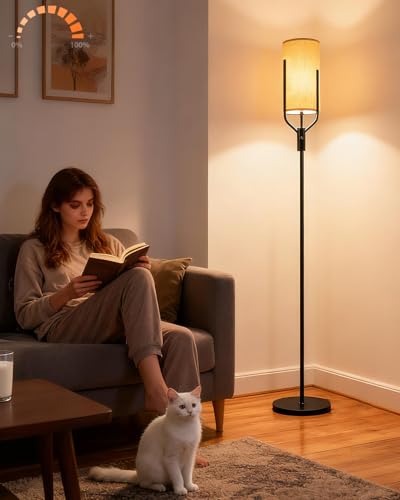 Image of 64.6IN Gold Floor Lamp - Dimmable LED Floor Lamp with Linen Shade, 3000K Soft Warm White | Bulbs Included | Modern Tall Lamp for Living Room, Bedroom, Wedding & Party