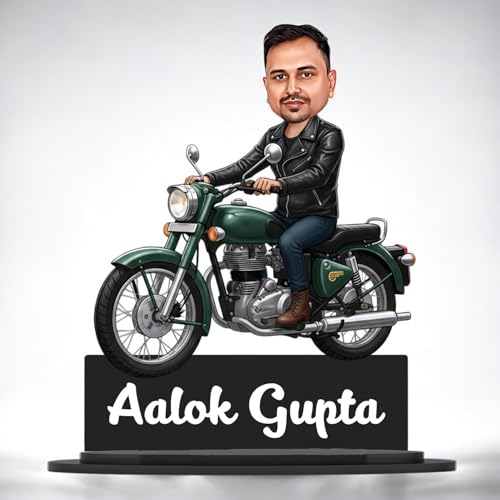 Image of Taxton Custom Bike Rider Caricature Personalized Wooden Bike Photo Frame for Men | 7.5 Inch Durable Double Wood Print with Acrylic Name Plate (Green)