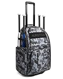 Rolling Baseball Bag with Wheels, Large All-Terrain Wheeled Softball Bag Holds 4 Bats, Water-Resistant Baseball Roller Backpack with Shoe Compartment and Fence Hooks for Players Coaches, Black Camo