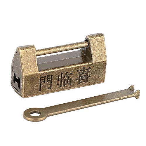 Image of Vintage Antique Lock, Mini Copper Chinese Retro Horizontal Padlock with Key for Jewelry Box Drawer, Hasp Pad Chest Lock Plate for Furniture Wooden Case Cabinet
