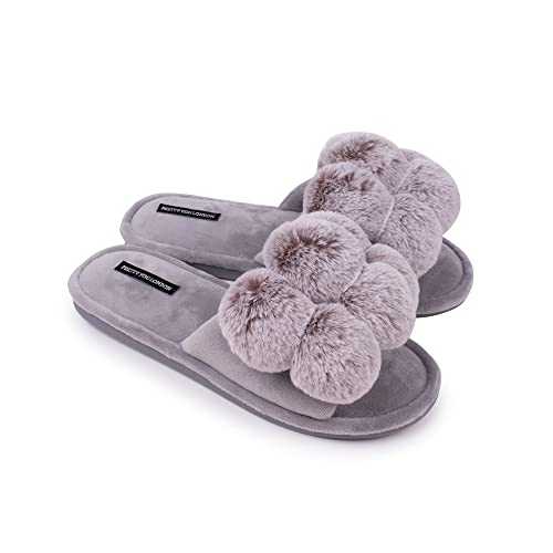 PRETTY YOU Ladies Dolly Style Slippers Oversized Faux Fur Poms Open Toe Warm Breathable Hard-Wearing Non-Slip Cushioned Insole Underfoot Padding Long Lasting Comfort For In-outdoor Slippers Grey