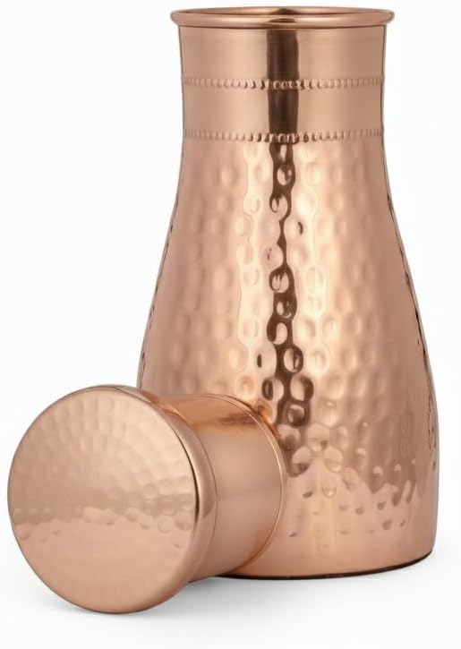 Handmade Pure Copper Carafe Pitcher with Lid 40oz, Hammered Copper Water Bottle for Ayurvedic Health Benefits, Wide Mouth Vessel
