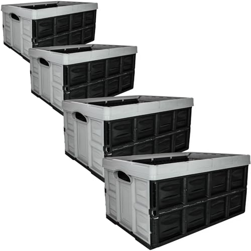 SUSTANIA Stabile Profi-Klappbox 4er Set - 54x37x28cm, 45L Faltbare Stapelbare Aufbewahrungsboxen Sand/Schwarz - Robuste Transportkisten mit Griffen