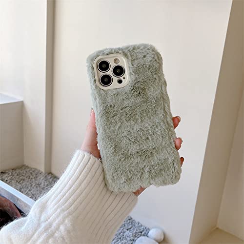Coque en peluche pour iPhone 14 Pro avec protection d'objectif intégrée en fausse fourrure verte