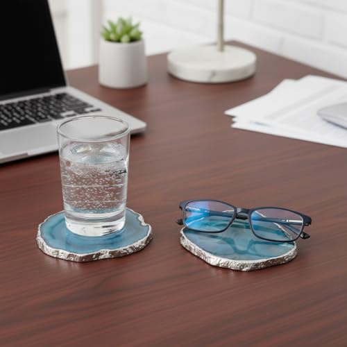 Image of Natural Agate Stone Tea Coasters Set | Premium Stone Coasters for Tea, Coffee & Glass | Heat Resistant Coasters for Dining Table, Office Desk & Home Decor | Pack of 2 | Color -Green