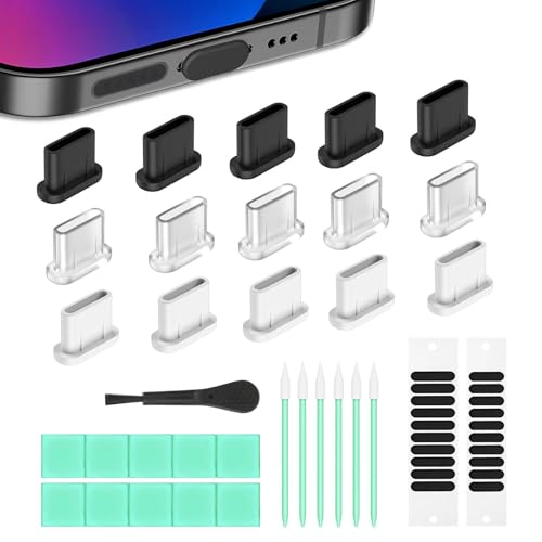 TESGADGETS Ensemble de 13 pièces USB C Bouchons Anti-poussière et Couvre-Enceintes de téléphone, Applicable aux séries iPhone 17/16/15, Kit de Nettoyage pour Les Bouchons de Ports de Chargement,