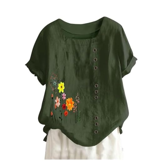 Chemisiers Femmes Grande Taille Coton Lin Chemise Eté Chic Chemise Tunique Manches Courtes Couleur Unie/Imprimé Blouses Mode Col Carré Camisole Lâche Respirant Haut Tops T-Shirts Pas Cher 2024