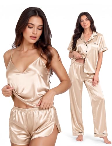 Image of SWOMOG Womens Silk Satin Pajamas Sets 4pcs Sleepwear Sexy Cami Shorts Set and Button Down Short Sleeve Pjs Loungewear