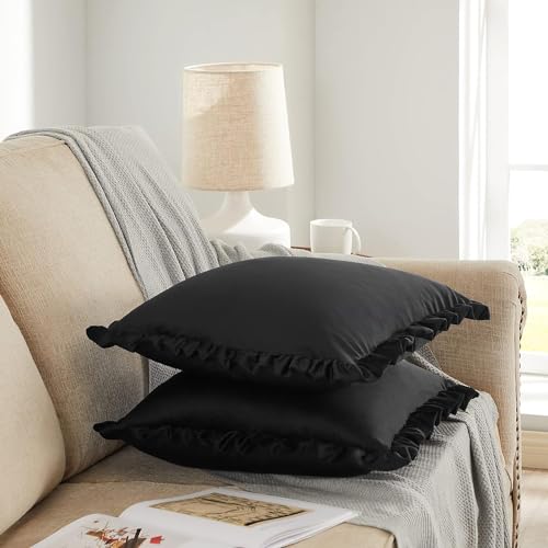 Image of Velvet Black 18x18 Pillow Covers, Set of 2 Decorative Ruffle Cushoin Pillow Covers for Sofa Couch