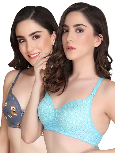 Image of Flower Print Bra for Women - Made of Pure Cotton Full Coverage Non Wired Pushup Soft Cup for T-Shirt Saree Dress Sports Garment for Daily Use Everyday