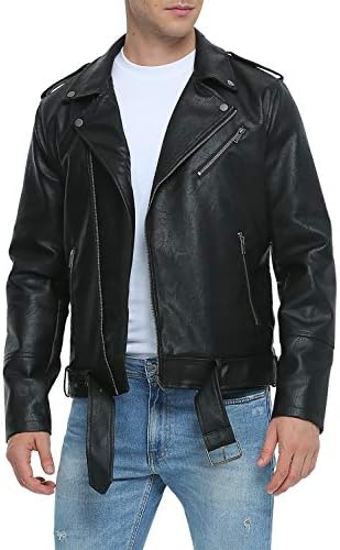Fahsyee Leather Jackets for Men, Faux Bomber Jacket Mens Motorcycle Lapel Asymmetric Zip-Up Belt Slim Fit Biker Coat Black M