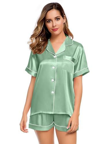 Image of LecGee Womens Silk Satin Pajamas Short Sleeve Loungewear Two-Piece Sleepwear Button-Down Pj Set Avocado Green X-Large