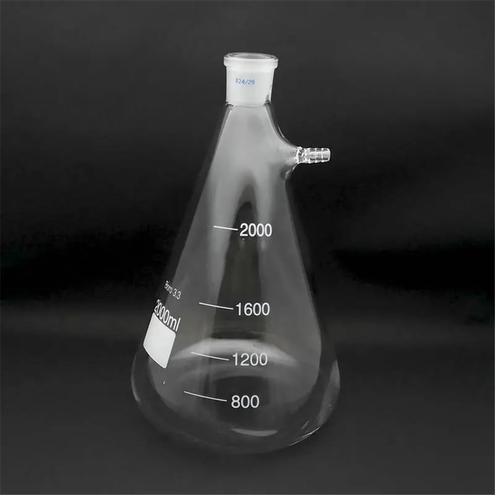 Cristalería de Laboratorio Matraz cónico de vidrio con succión, de boca esmerilada, de 250 ml a 2000 ml, 1 unidad.(2000ml caliber 24mm)