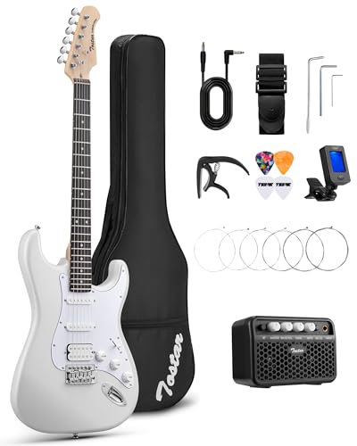 Tostar Electric Guitar Kit with Amp, 39' Full Size 6 String, Lightweight, Rounded Body Design, 5-Way SSH Pickup Switch, 2 Tone & 1 Volume Knobs, Beginner Electric Guitar for Man Woman Pearl White