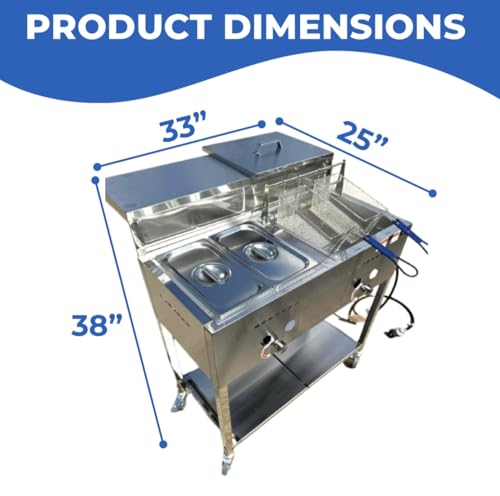 Deep Fryer Cart with 30 lb 3 Gallon Single Tank | Stainless Steel | Portable 4 Wheel | 2 Fryer Baskets | 2 Pan Steam Table | Outdoor Propane Frying Cart for Chicken, Fish, & More | Commercial & Home