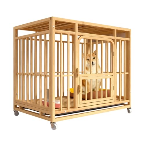 Deronder 犬用ケージ、ドッグハウス、中型犬から大型犬、厚めの角管、ペットケージ、トイレ付き、金属製の犬小屋、ケンネル、車輪付き、移動が簡単、強くて耐久性があり、逃げにくい、組み立てが簡単 (95*65*85cm,イエロー)