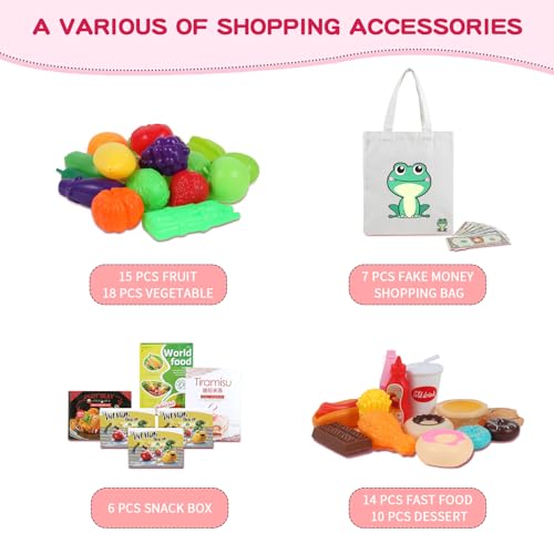 image for Ming You Kids Shopping Cart - 2 in 1 Toy Shopping Cart with Play Food 