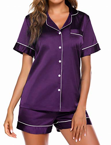 Ekouaer Pajama Shorts Set for Women Silk Short Sleeve Pajamas Two Piece Button Down Loungewear Set(Purple,L)