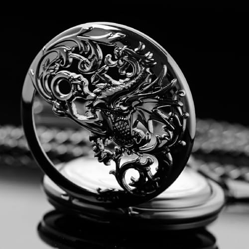 Image of Dragon Design Quartz Pocket Watch Roman Numerals with Chain Birthdays Gifts for Father's Days