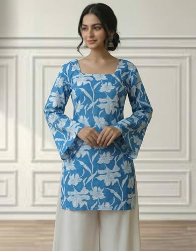 Image of MAHIRA'S Women's Short Kurti, Black Rayon Tunic Top with Embroidered Sleeves, 3 /4 Designer Sleeves