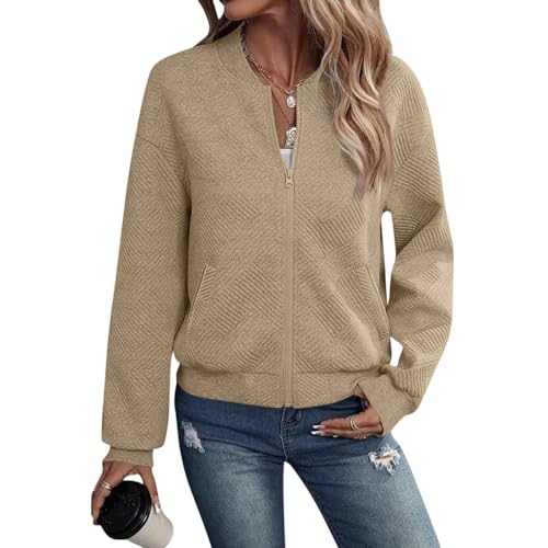 Bomber Jacket Women Light Oversized Zip Up Sweatshirt Jackets Dressy Casual Long Sleeve Fall Coat with Pockets2